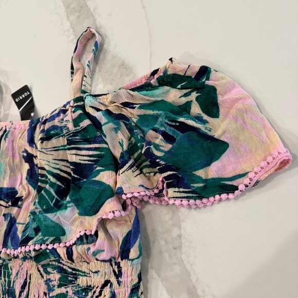 Torrid NWT Crinkle Gauze Cold Shoulder Top Womens 1 Pink/Green Tropical Palm - Picture 4 of 9